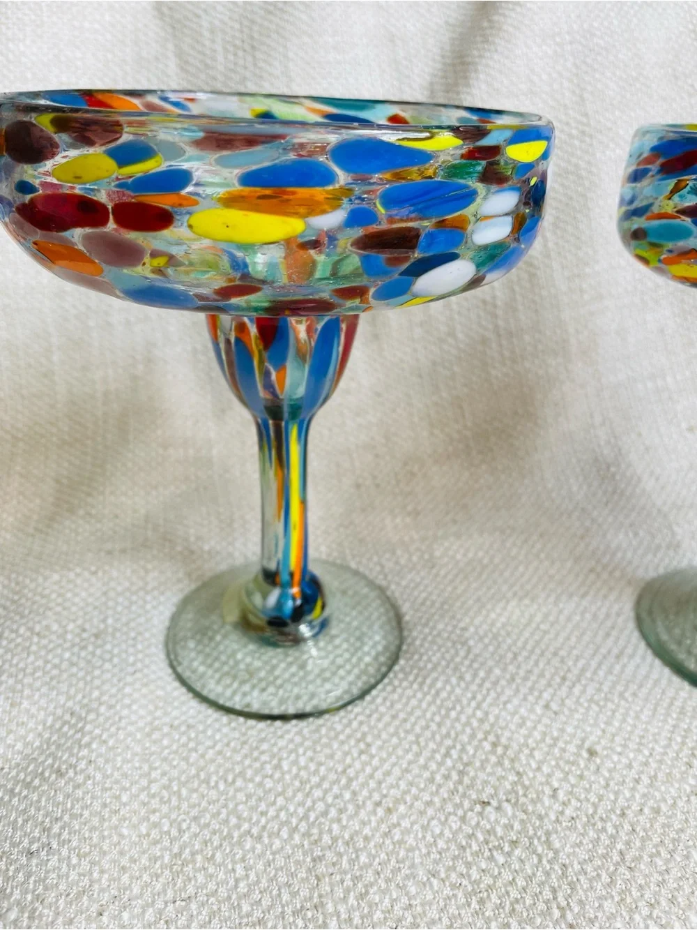 (2) Crate & Barrel Handblown Multicolor Speckled Glass Compote Martini Glasses